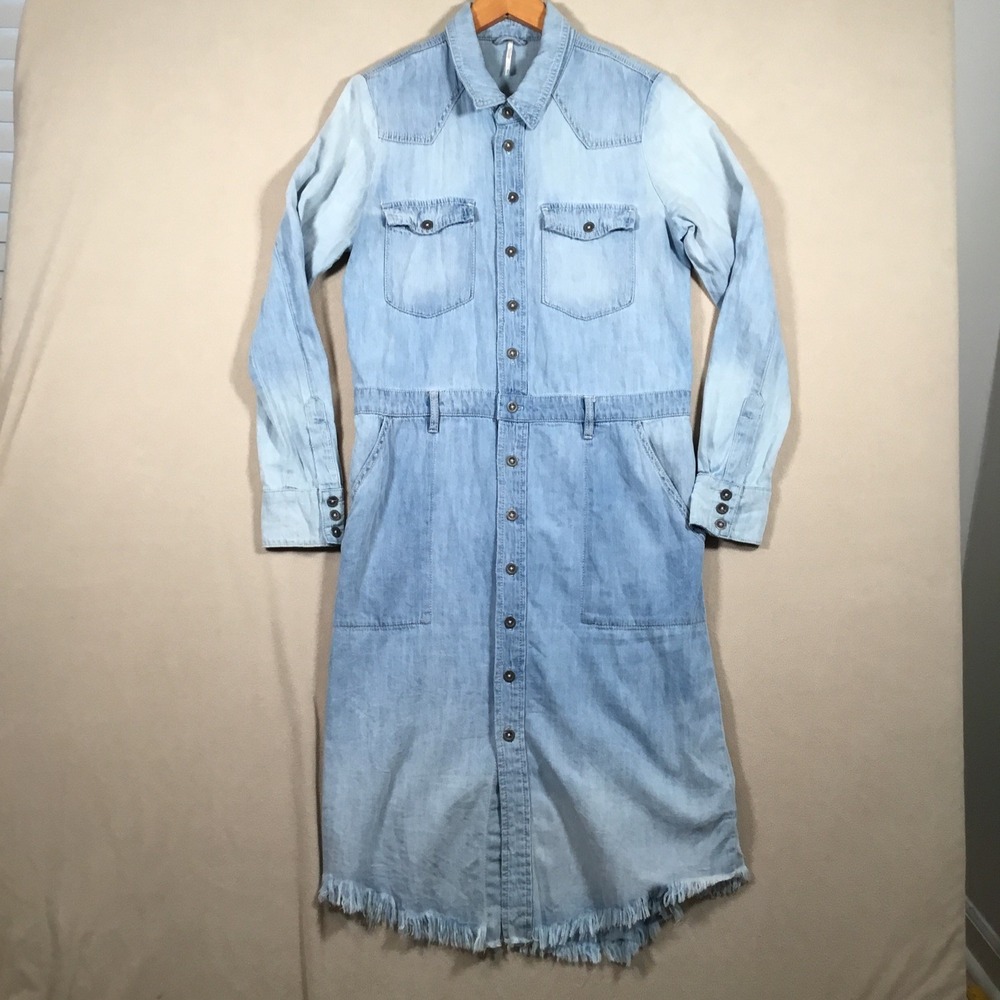 Free People Western Denim Dress Women M Light Blue Button Up LS Raw Hem Flaw